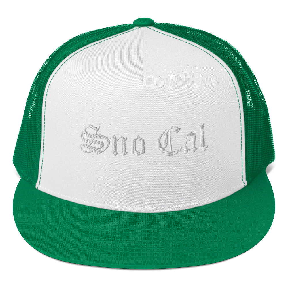 Sno Cal Old English Trucker Cap green and white