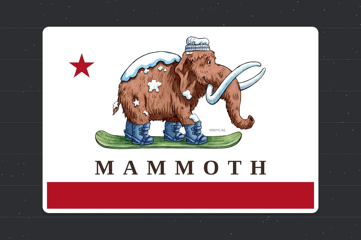 Mammoth California flag sticker shown on a snowboard with Wally the woolly mammoth on a snowboard, red star and red banner
