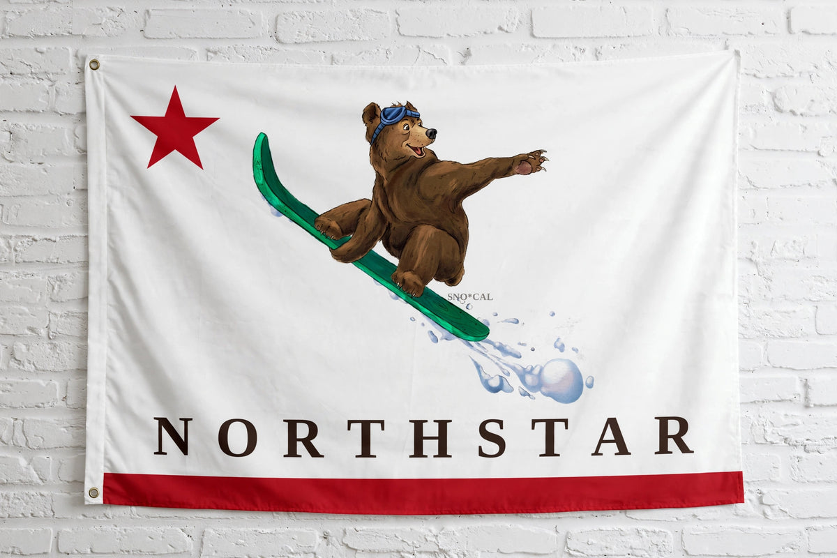 Northstar 3x5 ski flag hanging on a white brick wall