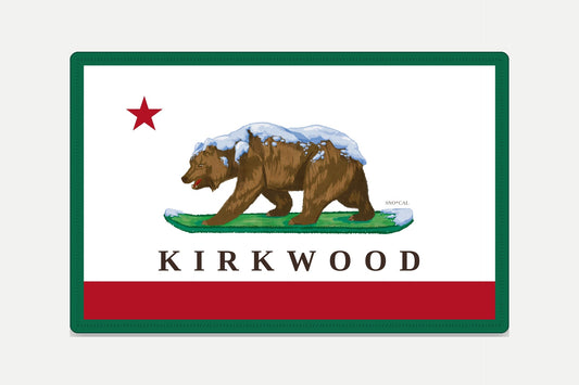 Kirkwood embroidered California flag patch with green border featuring a bear on a snowboard, red star and red banner