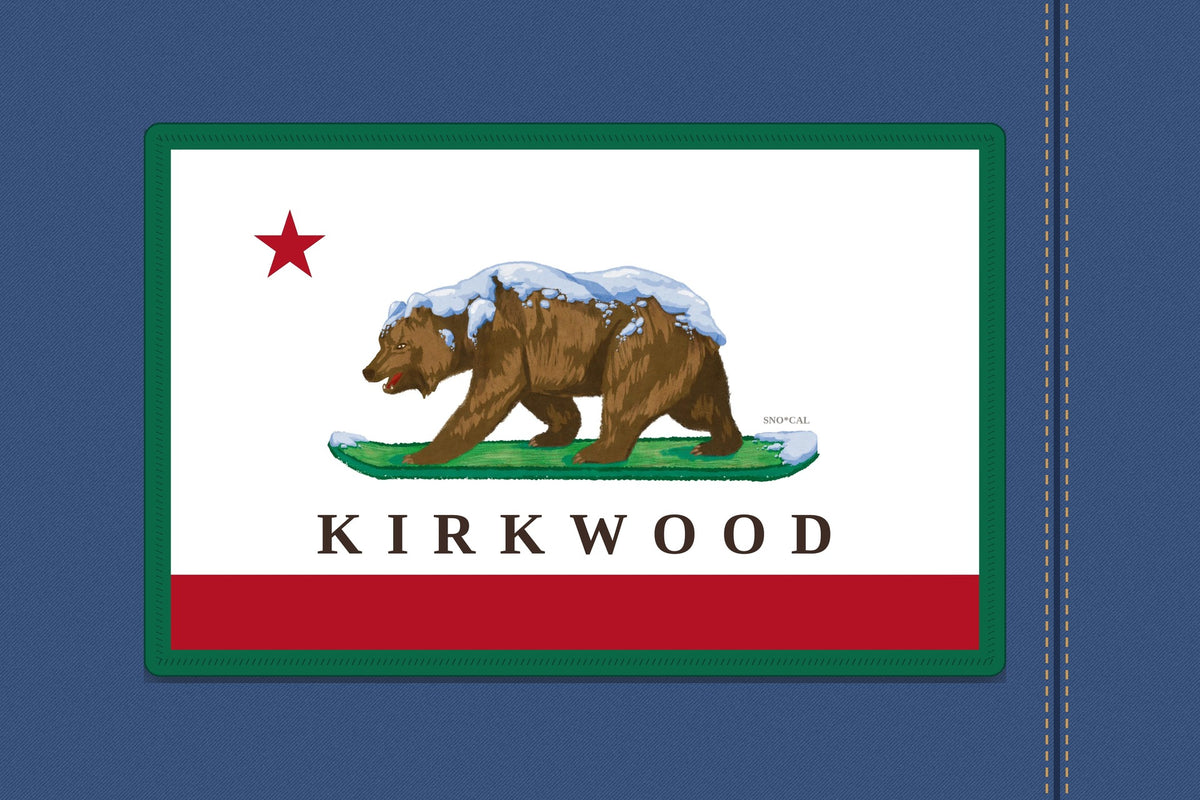Kirkwood California flag patch with green border shown on a denim jacket