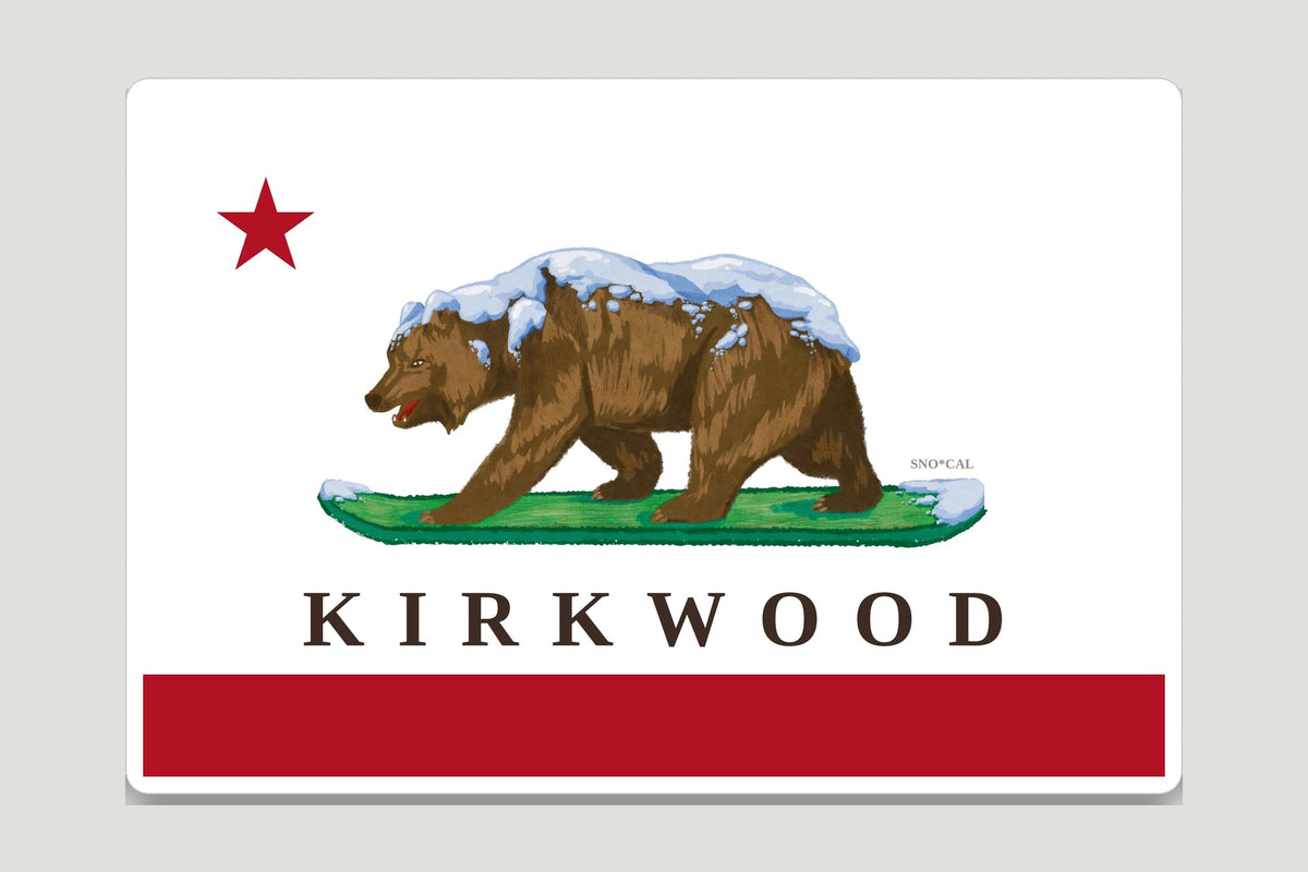 Kirkwood California flag sticker with a bear on a snowboard, red star and red banner at the bottom