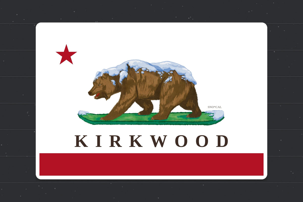 Kirkwood California flag sticker shown on a snowboard with a bear on a snowboard, red star and red banner at the bottom