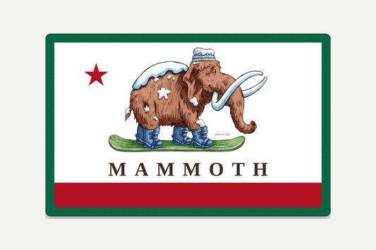 Mammoth embroidered California flag patch with green border featuring Wally the woolly mammoth, red star and red banner