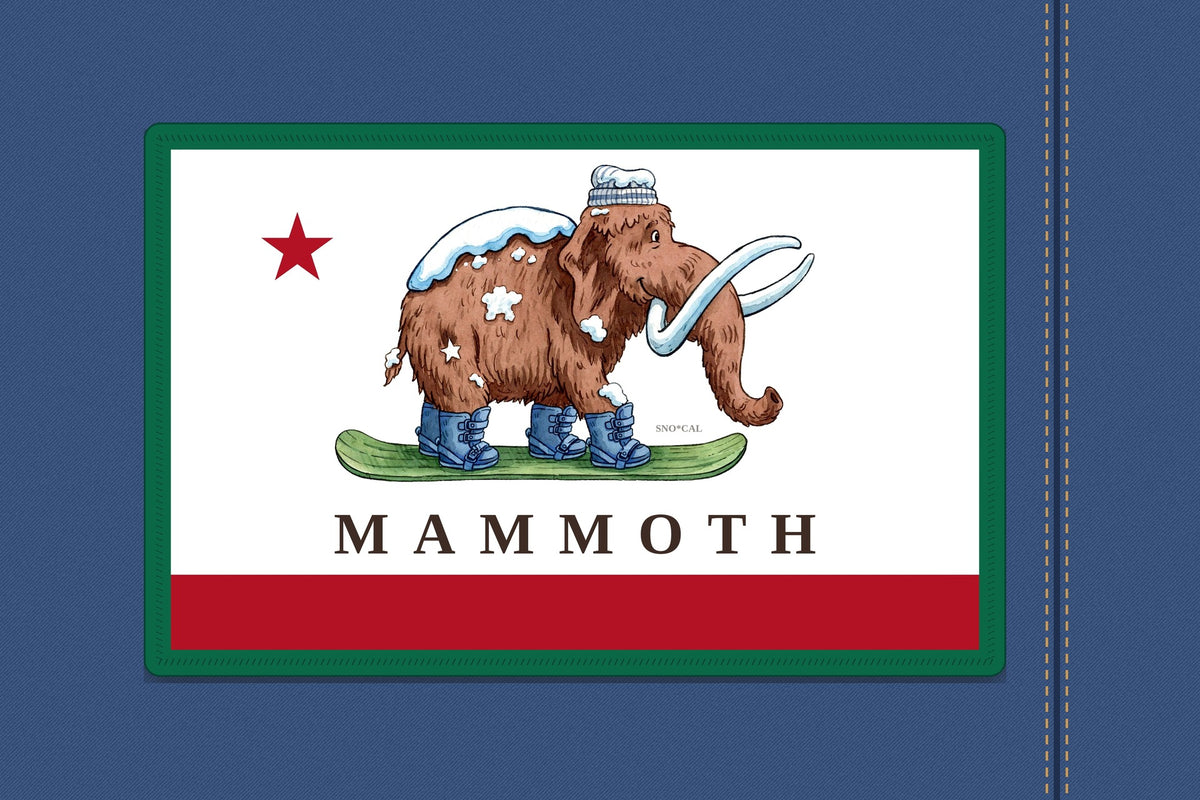 Mammoth California flag patch with green border shown on a denim jacket