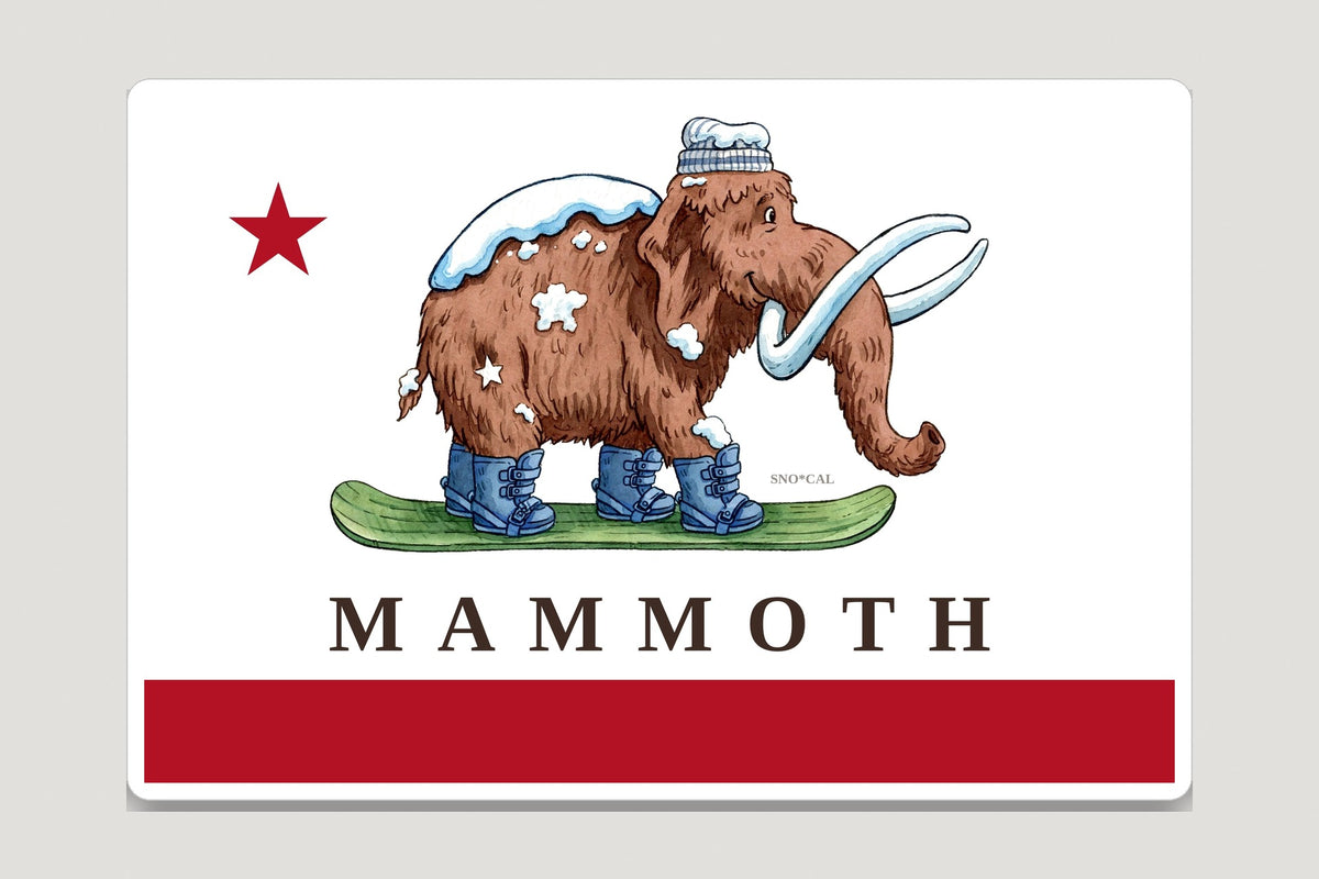 Mammoth California flag sticker with Wally the woolly mammoth on a snowboard, red star and red banner