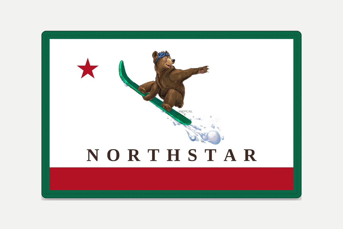 Northstar embroidered California flag patch with green border featuring a snowboarding grizzly bear, red star and red banner