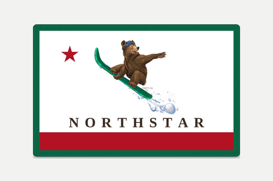 Northstar embroidered California flag patch with green border featuring a snowboarding grizzly bear, red star and red banner