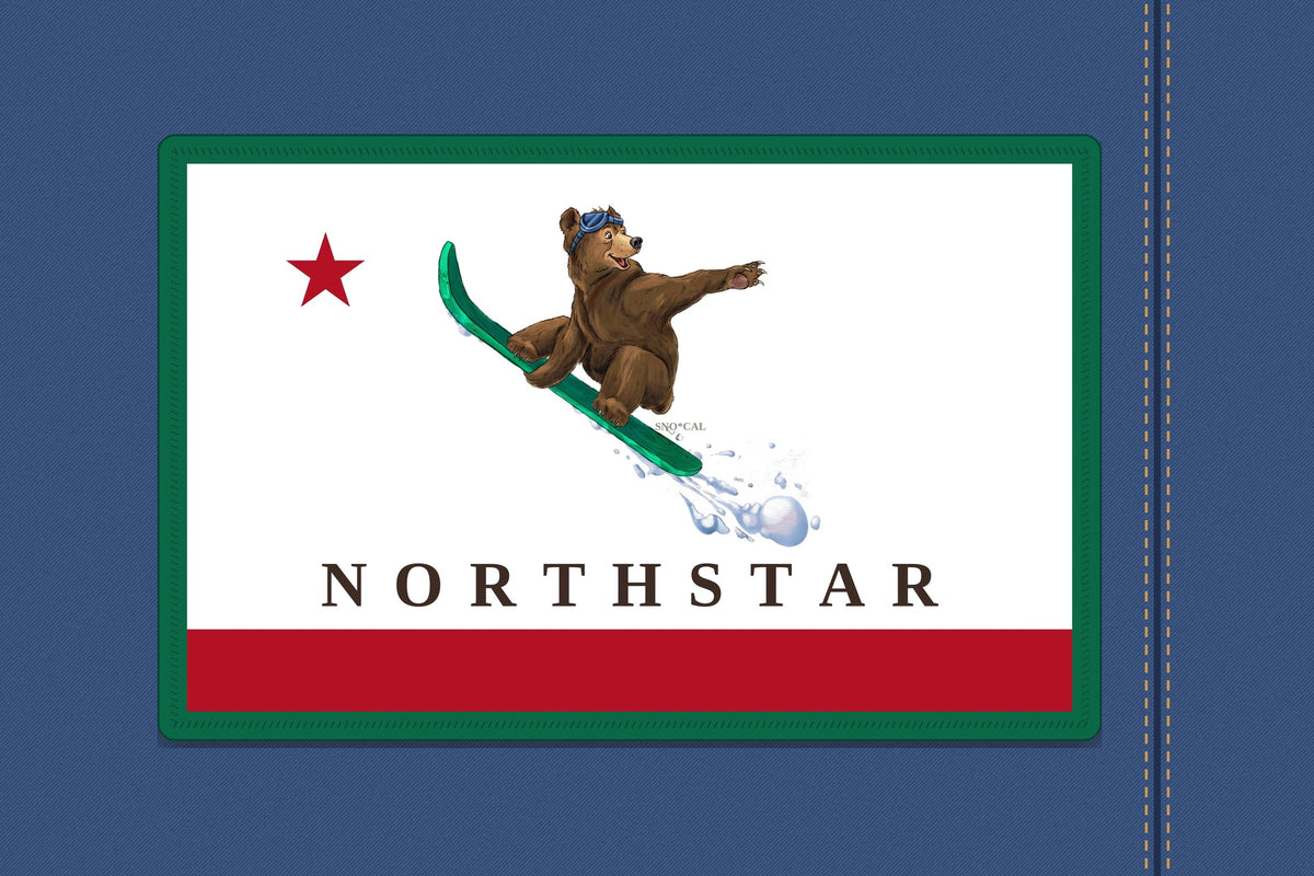 Northstar California flag patch with green border shown on a denim jacket