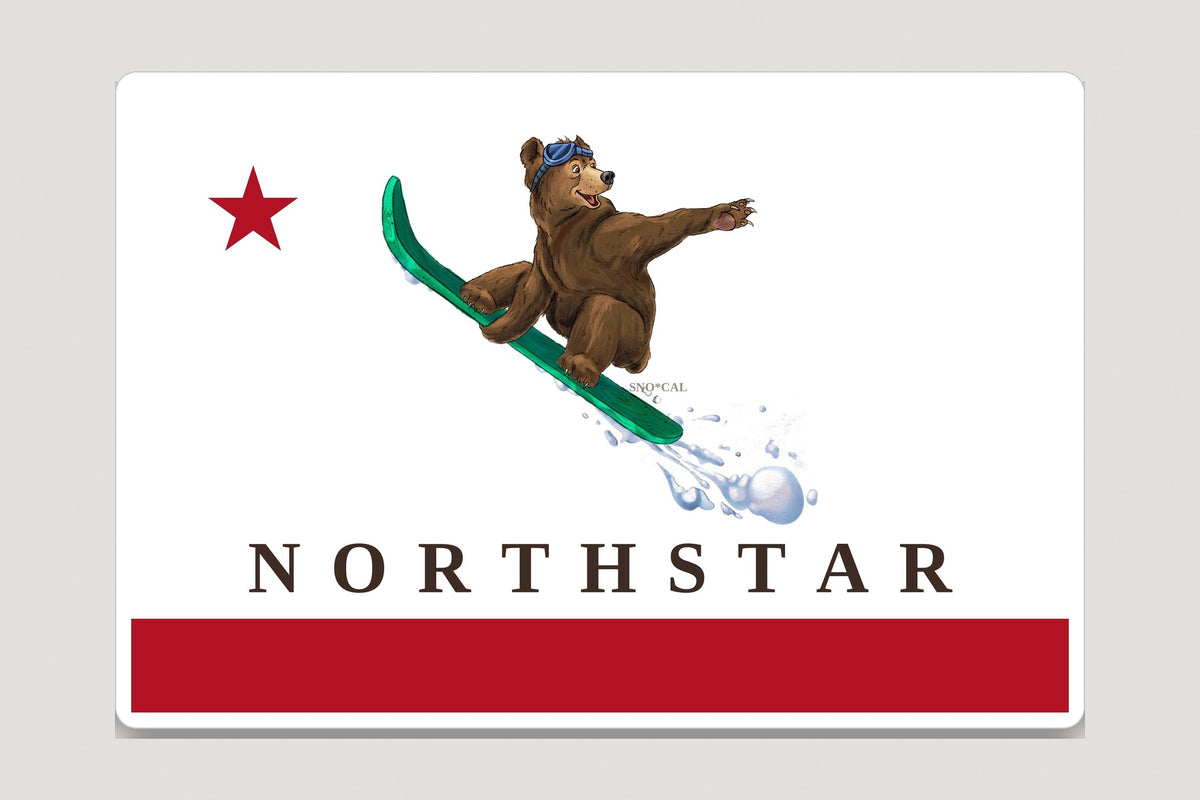 Northstar California flag sticker with a snowboarding grizzly bear, red star and red banner at the bottom