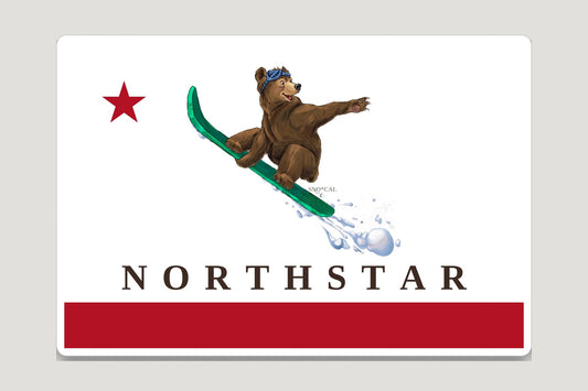 Northstar California flag sticker with a snowboarding grizzly bear, red star and red banner at the bottom