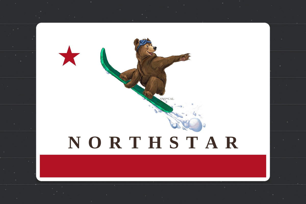 Northstar California flag sticker shown on a snowboard with a snowboarding grizzly bear, red star and red banner at the bottom