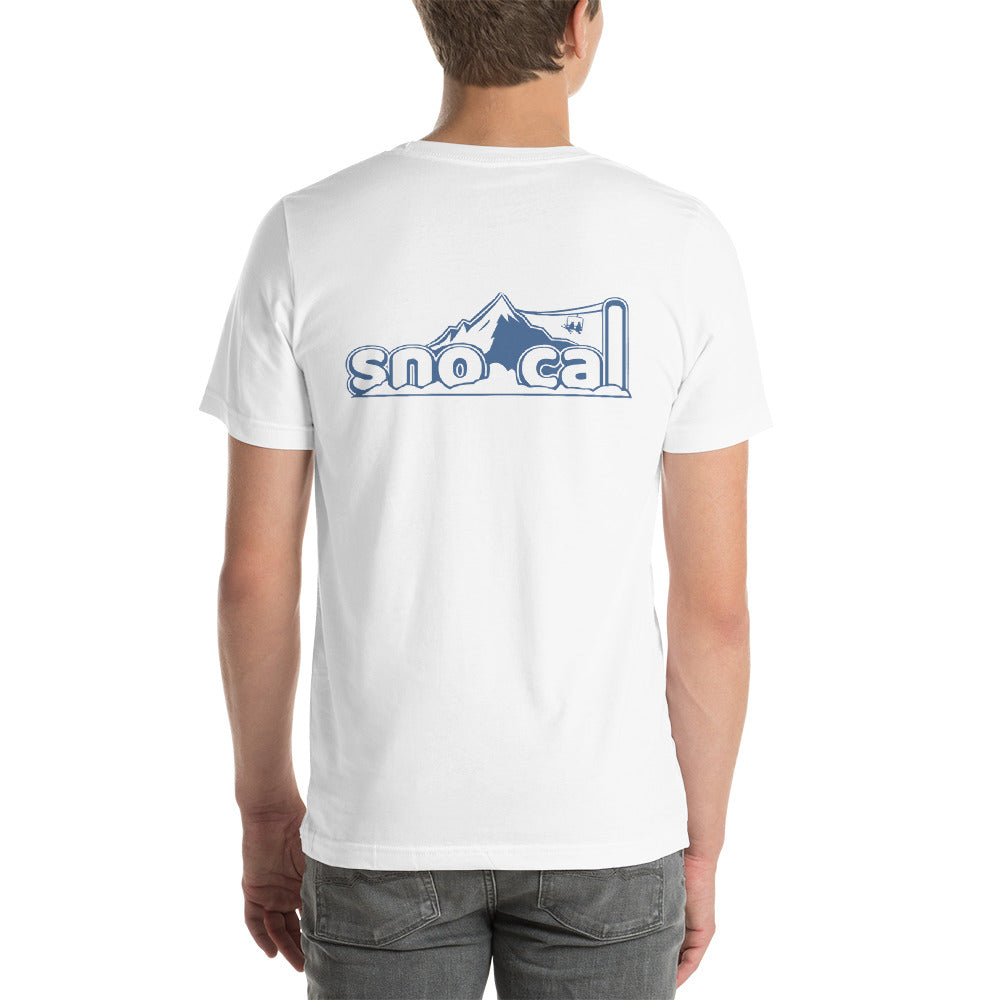 Sno Cal™ Short-Sleeve Unisex T-Shirt blue & white lettering logo - Sno Cal