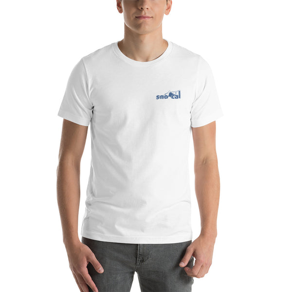 Sno Cal™ Short-Sleeve Unisex T-Shirt with blue lettering logo - Sno Cal