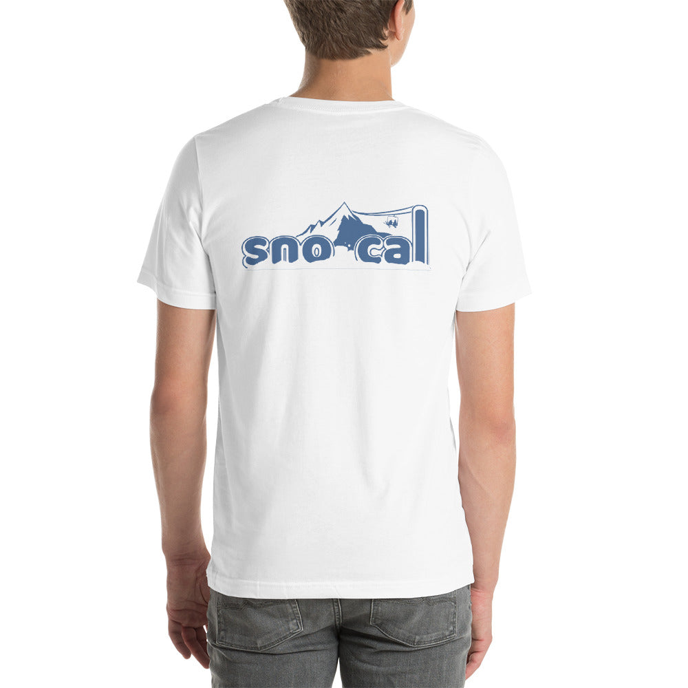 Sno Cal™ Short-Sleeve Unisex T-Shirt with blue lettering logo - Sno Cal